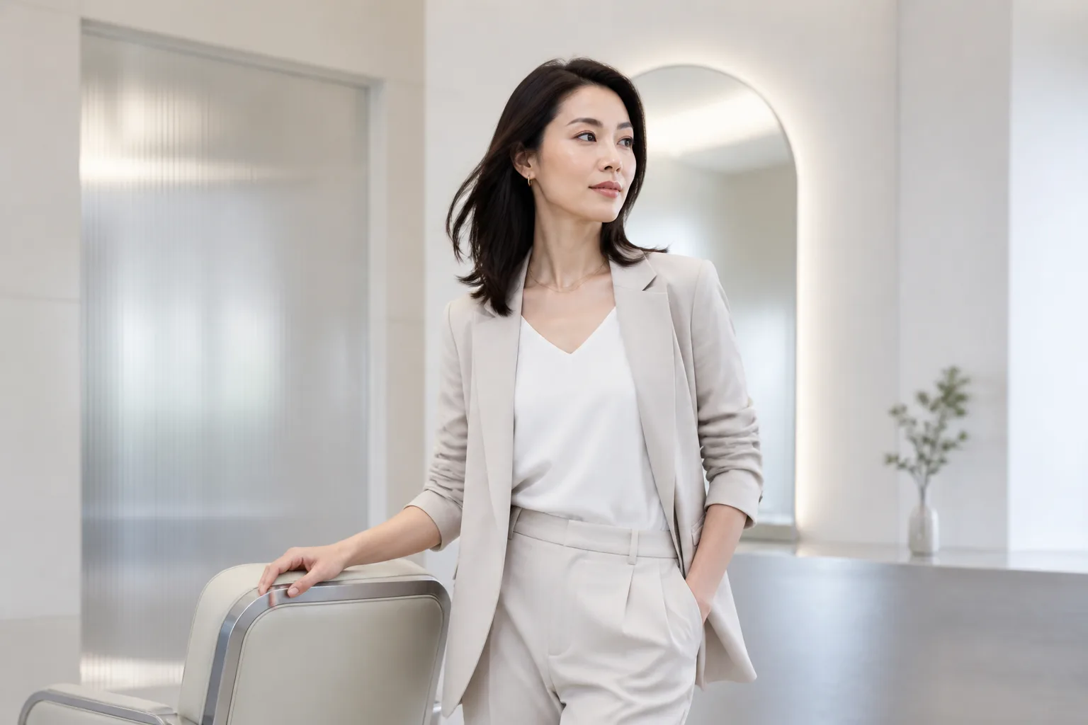 落ち着いた表情でホテルライクな空間に立つ女性の上半身ポートレート